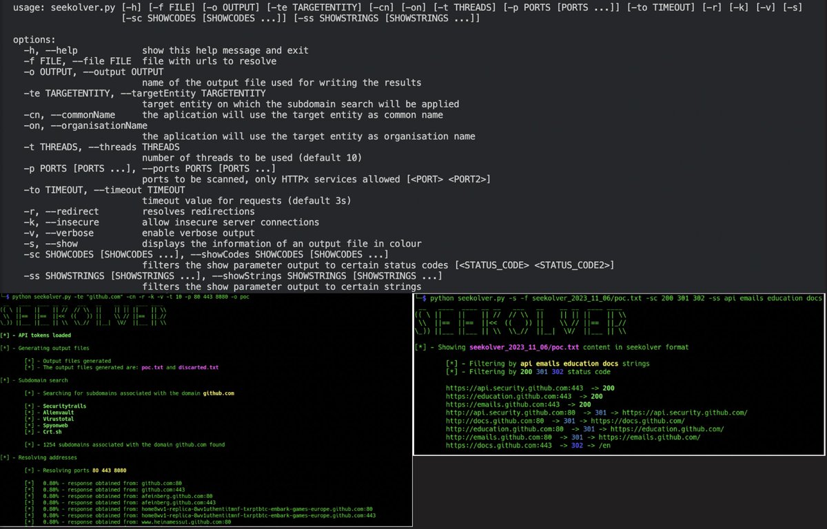 Seekolver

#python tool for searching and filtering subdomains using different APIs:

SecurityTrails 
AlienVault
VirusTotal
SpyOnWeb
Crt sh

github.com/Krypteria/Seek…

Creator <a href="/_kripteria/">krp</a>