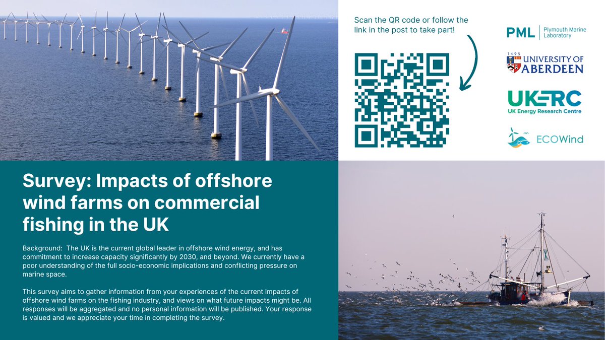 You can help to shape policy! Share your views on the impacts of #OffshoreWindFarms on #CommercialFishing in our new survey with @aberdeenuni @UKERCHQ @ECOWind_UK. We plan to use data collected to help inform more effective and inclusive #MarinePolicies: pml.ac.uk/News/Help-to-s…