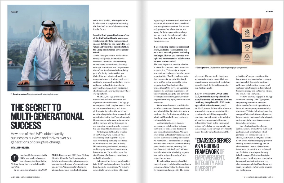 Easa Saleh Al Gurg Group (@algurggroup) on Twitter photo Group CEO <a href="/EasaAlGurg/">Easa Al Gurg</a>, speaks to CEO Middle East, on how strategic innovation is creating new pathways of growth in a multi-generational family business.
Read article on page 34: lnkd.in/d5CZPrWv
#ESAG #AlGurgGroup #EasaAlGurg #CEOMiddleEast #FamilyBusiness Group CEO <a href="/EasaAlGurg/">Easa Al Gurg</a>, speaks to CEO Middle East, on how strategic innovation is creating new pathways of growth in a multi-generational family business.
Read article on page 34: lnkd.in/d5CZPrWv
#ESAG #AlGurgGroup #EasaAlGurg #CEOMiddleEast #FamilyBusiness
