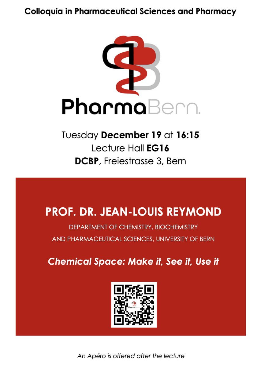 We look forward to our December #PharmaBern Colloquium: Prof. Jean-Louis Reymond @jrjrjlr from @DCBPunibern @unibern! Want to know more about #chemicalspace? Don't miss this colloquium! One week to go, save the date!