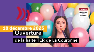 📣 PROMO à l’occasion de l’ouverture de la halte TER de La Couronne sur le réseau <a href="/TERNouvelleAQ/">SNCF Voyageurs TER NOUVELLE-AQUITAINE</a> !
 
Profitez de 100 billets par jour à 1€ sur la ligne, et du Pass Abonné hebdo à -50% jusqu’au 17/12 !
 
Idéal pour voyager en #TER 🙌🏻
 
👉 Pour + d’infos : urlz.fr/oRUj