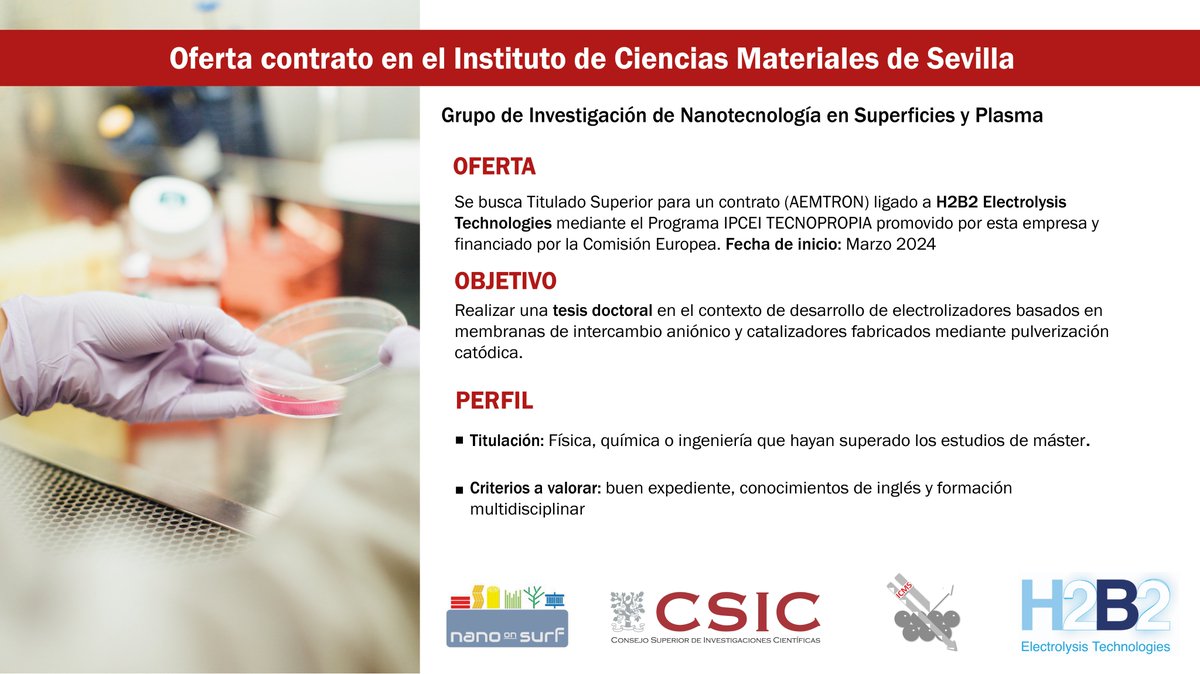 🔴Oferta para realizar una tesis en <a href="/ICMSevilla/">ICMS</a>

🔬Estudio del desarrollo de electrolizadores basados en membranas de intercambio aniónico y catalizadores fabricados mediante pulverización catódica👩‍🔬👨‍🔬

📩Contacta con nosotros en: bit.ly/46RwOAF