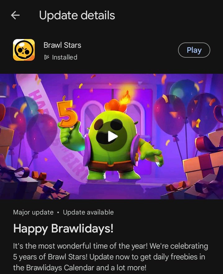 Brawl Stars on X: ✨ HAPPY 5TH #BRAWLIVERSARY! ✨ Update is also coming  today, so we're going into maintenance soon to release it! And when we're  back: 🎁 #Brawlidays Advent Calendar starts