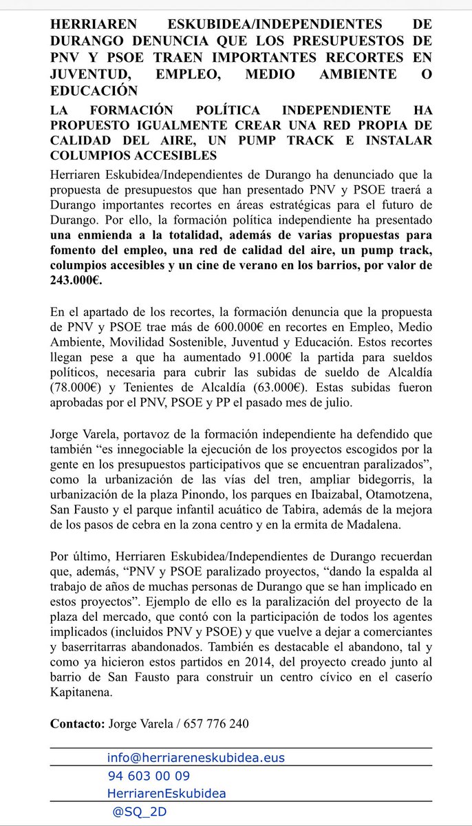 HERRIAREN ESKUBIDEA/INDEPENDIENTES DE DURANGO DENUNCIA QUE LOS PRESUPUESTOS DE PNV Y PSOE TRAEN IMPORTANTES RECORTES EN JUVENTUD, EMPLEO, MEDIO AMBIENTE O EDUCACIÓN
