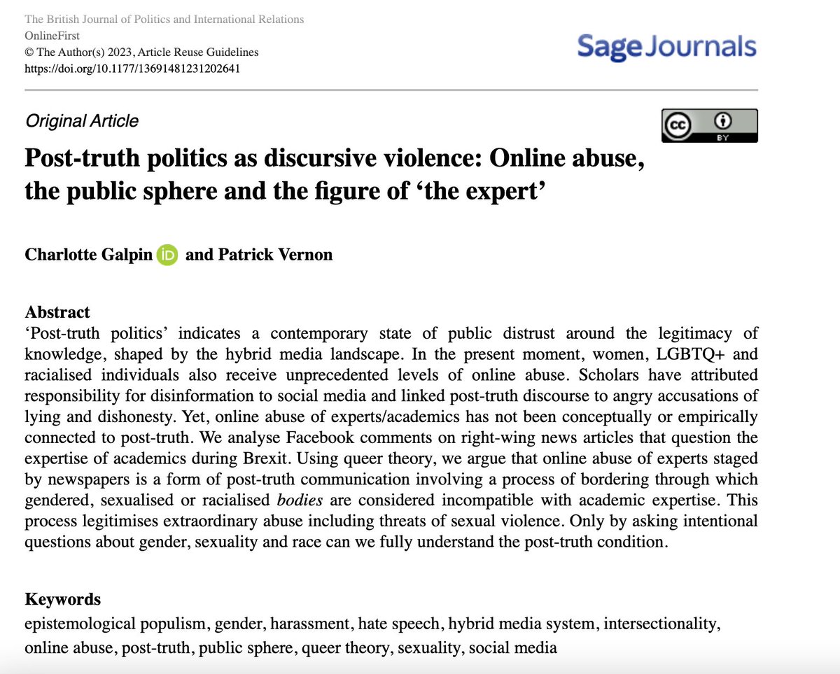 📝Have you read 'Post-truth politics as discursive violence: Online abuse, the public sphere and the figure of ‘the expert’ by <a href="/DrCGalpin/">Dr Charlotte Galpin (she/her)</a> &amp; <a href="/paddyjvernon/">Patrick Vernon</a>?

🔓Available in #OpenAccess here:
journals.sagepub.com/doi/full/10.11…
<a href="/BhamPolsis/">POLSIS Birmingham</a> <a href="/PolStudiesAssoc/">Political Studies Association</a>