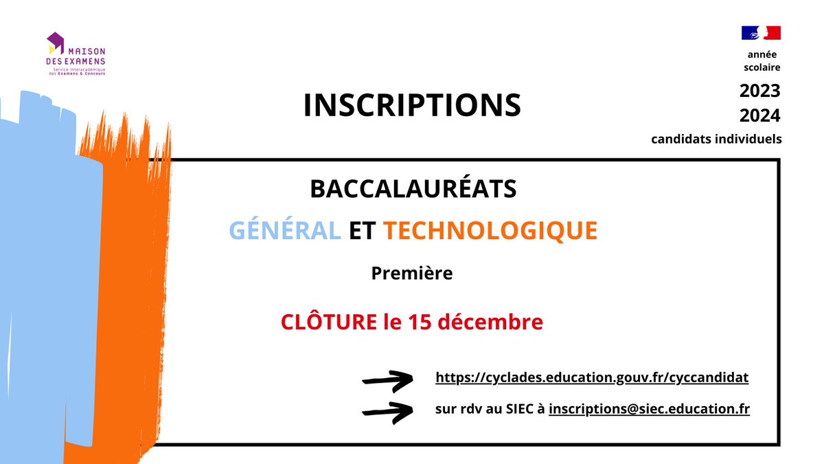 ⚠️⏰ J-3 avant la clôture des inscriptions aux épreuves de première des baccalauréats Général et Technologique !
siec.education.fr/candidats/actu…