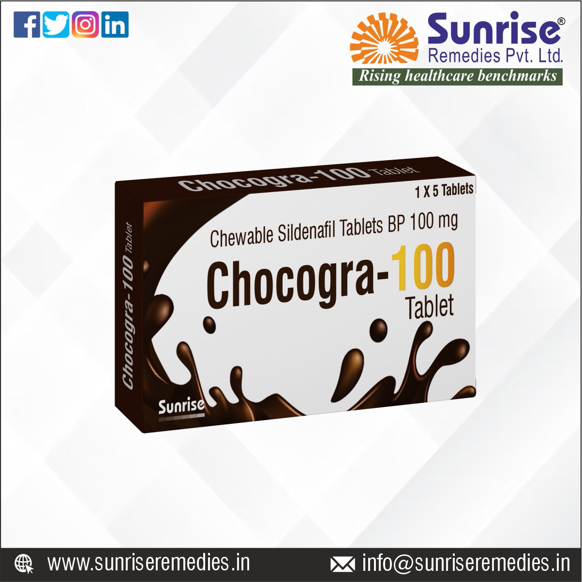 Make Your Love Marking Life Happier with #ChocograChewable Generic Sildenafil Chewable Most Popular Products From Sunrise Remedies Pvt. Ltd.

Read More: sunriseremedies.in/our-products/c…

#Malegra #SildenafilChewable #TadalafilChewable #Dapoxetine #Vardenafil #Avanafil #Udenafil #Sunrise