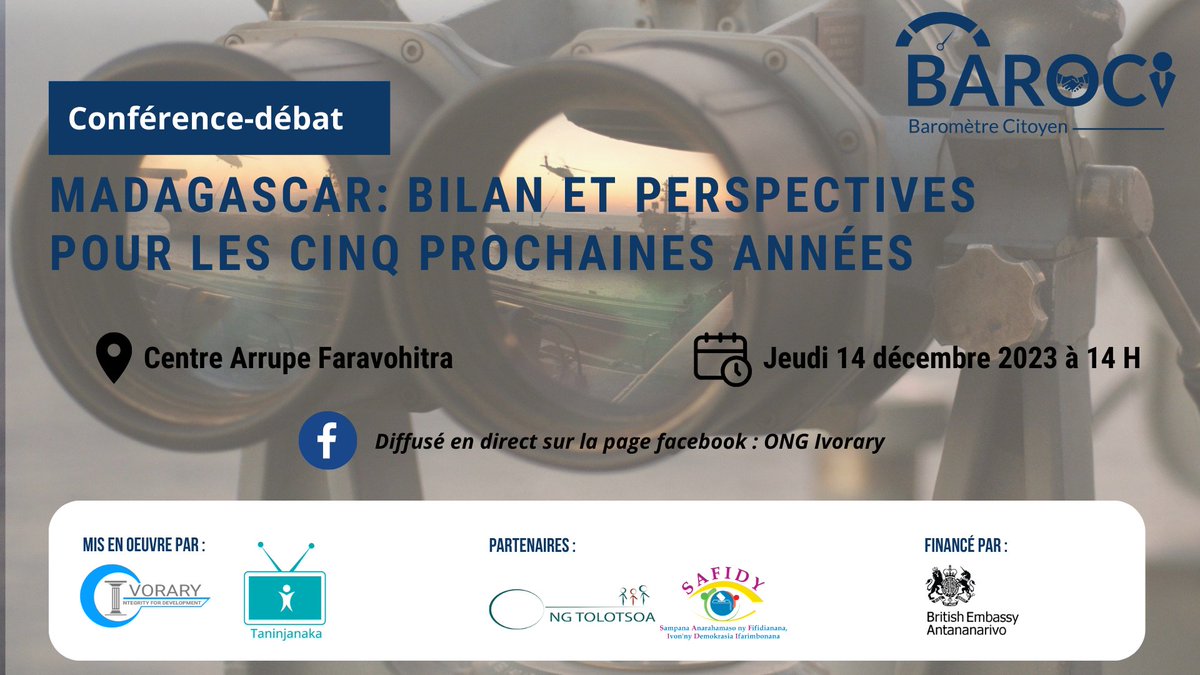 ONGIvorary's tweet photo. Dans le cadre du projet BAROCI - Baromètre Citoyen, mis en oeuvre par l'ONG Ivorary une conférence débât sur le thème :" Madagascar : bilan et perspectives pour les cinq prochaines années " se tiendra ce jeudi 14 décembre 2023 au Centre Arrupe Faravohitra à 14 h. https://t.co/QjbwJlYNuQ