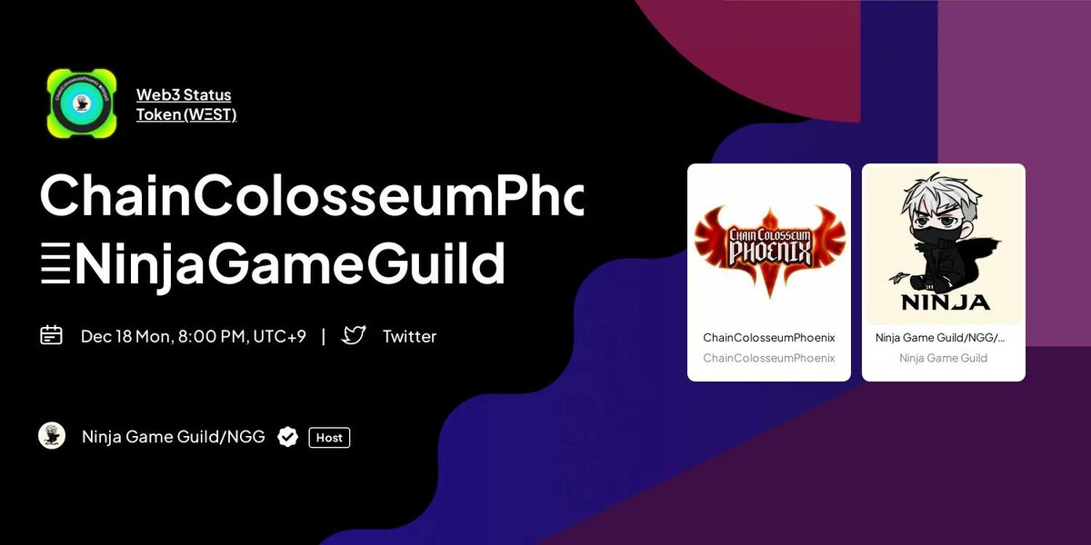 We will be conducting an AMA with JChainColosseumPhoenix(<a href="/ChainColosseum_/">ChainColosseumPhoenix</a>
)🎉

Turn-based Battle GameFi to be released on MCH-Verse on Oasys 🎮

💰Reward   
One Summoner’s Book for the Openβ × 3
✅Condition
1️⃣ Follow <a href="/ChainColosseum_/">ChainColosseumPhoenix</a> <a href="/NinjaGameGuild/">NinjaGuild (NGG) /Web3/CryptoCurrency</a> 
2️⃣ RT &amp; Like
3️⃣ Remind