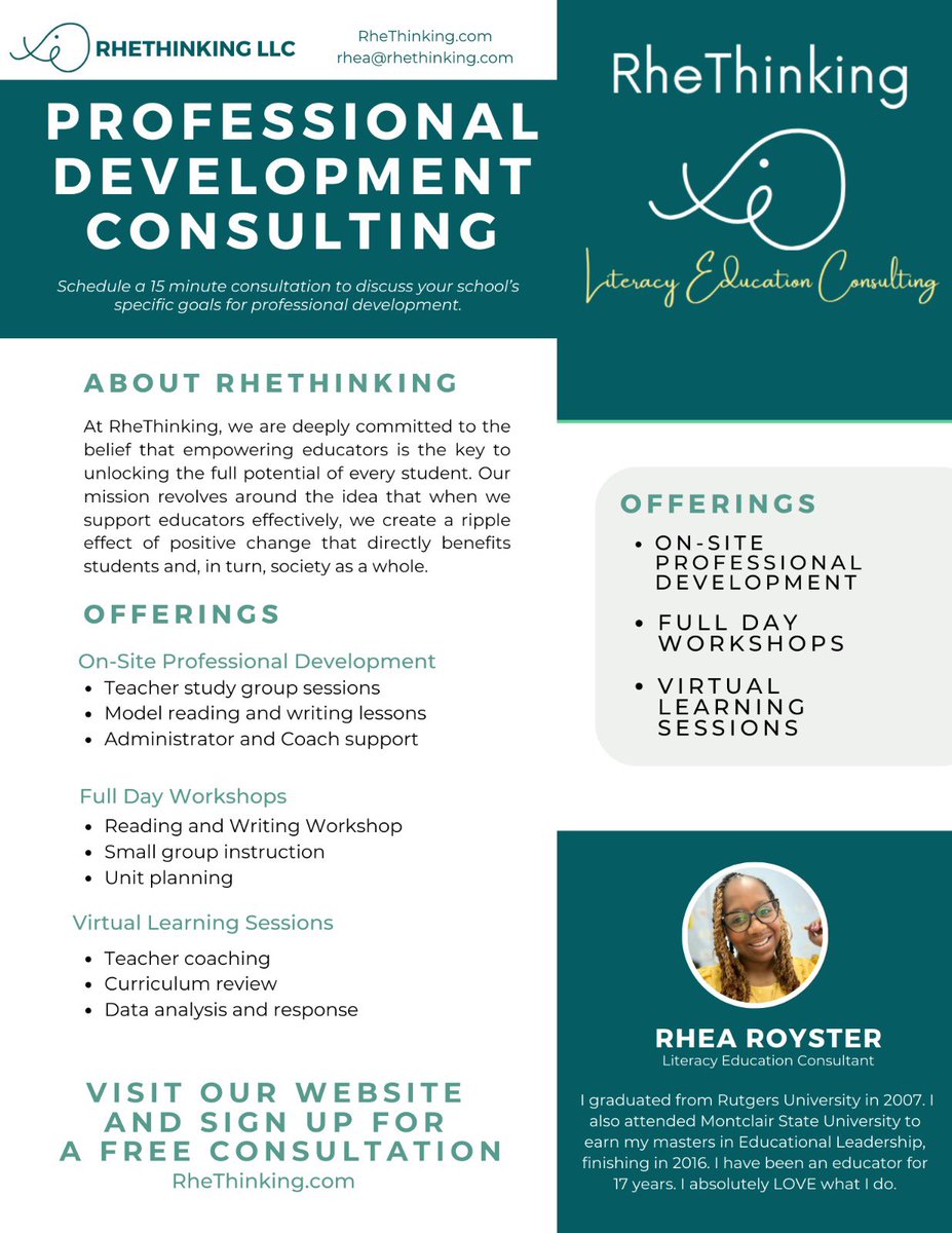 Rhea Royster (@rhethinking) on Twitter photo I’m happy to share that I have started my own Literacy Education Consultanting company called RheThinking LLC!
Check it out at RheThinking.com and contact me at rhea@rhethinking.com!
Feel free to share the news with colleagues ☺️ I’m happy to share that I have started my own Literacy Education Consultanting company called RheThinking LLC!
Check it out at RheThinking.com and contact me at rhea@rhethinking.com!
Feel free to share the news with colleagues ☺️