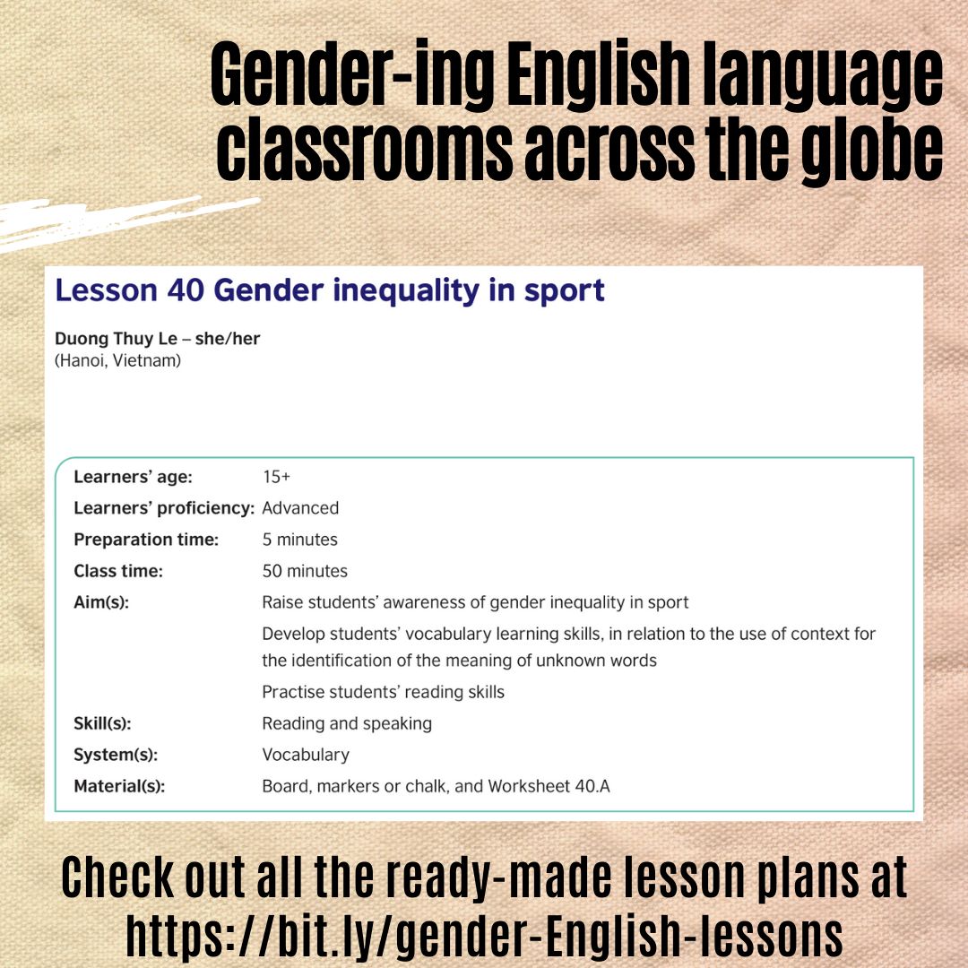 Duong Thuy Le, a @GenderingELT participant in Vietnam, has designed a lesson plan to introduce advanced English language students to the topic of gender inequality in sport. You can read her lesson plan and several others at bit.ly/gender-English…. @TeachingEnglish @vnBritish