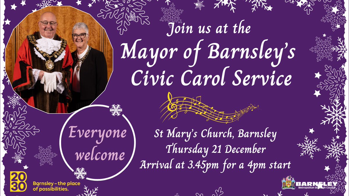 The @Mayor_Barnsley would like to invite you to join him at Barnsley’s traditional Civic Carol Service on Thursday 21 December at St Mary’s Church. Please arrive at 3.45pm to be seated, for a 4pm start. Everyone's welcome! shorturl.at/bjBUV.