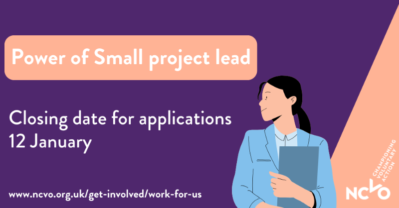 NCVO's tweet photo. 📢 We're recruiting for a Power of Small project lead
Funded by @TNLComFund, this is an exciting opportunity to help design the future of support for small charities and voluntary organisations across the country.
Submit your application today: https://t.co/yxjbXi10rE
