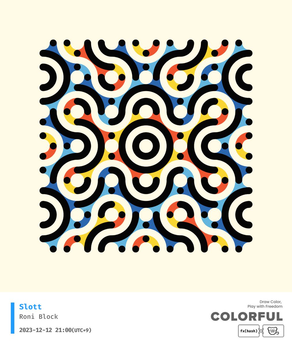 Slott by <a href="/BlockRoni/">Roni Block</a> is now live on <a href="/fxhash/">Shiv</a> ✨

🎨100 editions 
🎨Dutch Auction 58 → 42 → 28 → 16 tz

This is one of 15 pieces launching this month for our curation #COLORFUL celebrating fxhash2.0🧸
Did you mint one? 
Make sure to share and tag us so we can see🌟

Link in the🧵