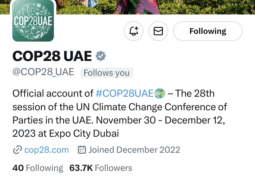 An honour to be included in the close circle of 40 world leaders followed by the official #COP28 Twitter account :)