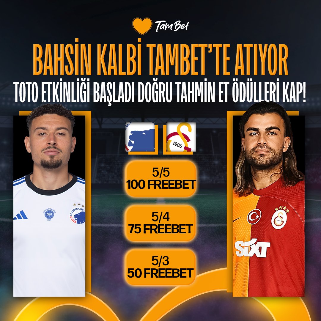 #Tambet Nakit Ödüllü Toto Etkinliği Başladı!

⚽️Galatasaray - Kopenhag
5/3 - 50₺ 
5/4 - 75₺
5/5 - 100₺

Doğru Tahmin Et, Ödülleri Kap!

‼️ Rt At, Beğen, #Tambet

‼️ tambet.gamedayz.link Adresinden katılımını tamamla!
+++

#GSvKOP #ChampionsLeague