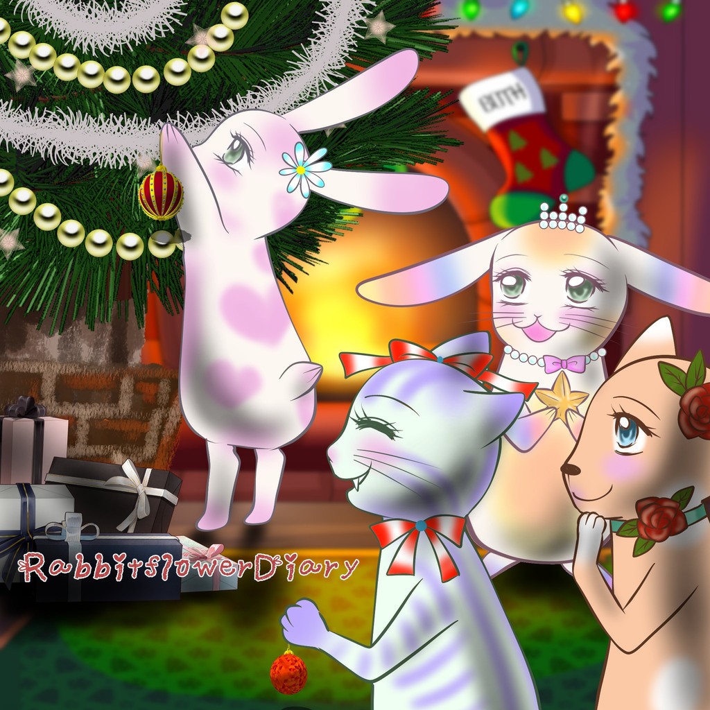 RabbitflowerD's tweet image. 先月からクリスマスの準備をしていた♥らびこ♥ですが、最後の準備のツリーの飾りつけが昨日終わったようです。友だちとワイワイしながら楽しく飾り付けをする時間は、本番のクリスマスに負けないくらいとても楽しい時間です。
#らびこ #クリスマス #イラスト #冬 #うさぎ