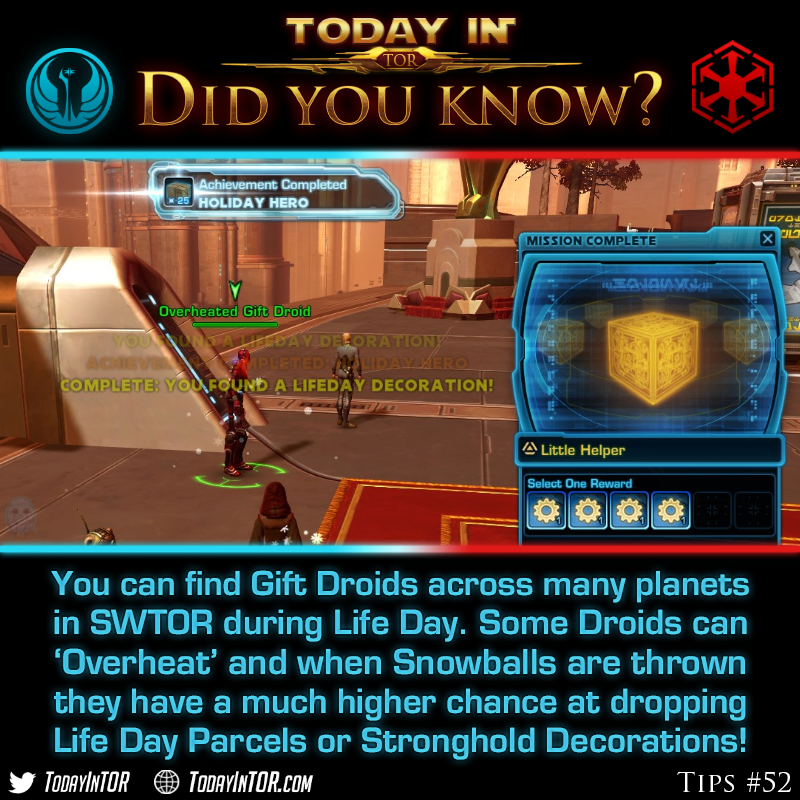 TodayinTor's tweet photo. Lifeday, the Christmas Event has started in #SWTOR!
Did you know that you can earn EXTRA rewards by Snowballing Overheated Gift Drois?

Make sure to throw as many snowballs on it as possible to earn extra Rewards and Achievements!
https://t.co/6Fe0zaZZH1

#swtorfamily #starwars https://t.co/LD4qrATlgn