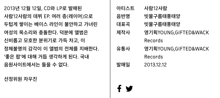 2013년 12월 12일 사람12사람의 빗물구름태풍태양을 발매하고, 오늘 10년. 12년을 기념하기전에 10년이 지났다는 것에 너무 순식간이고 나도 변했다. 트위터 로고도...