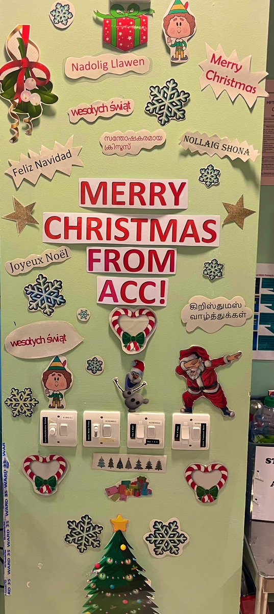 Feeling festive on ACC! 🎄 Our ward is adorned with dazzling Christmas decorations, and we've added a special touch – a wall emblazoned with Merry Christmas in all the languages our diverse and amazing staff speak Celebrating unity in diversity! ✨ #Christmas #TeamSpirit @MFTnhs