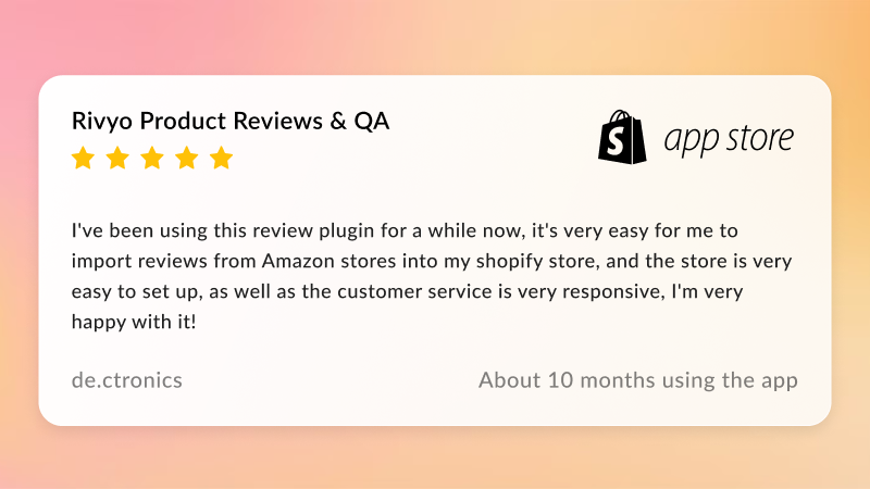 Merchant Feedback🥳

Hear from the merchant who has been using #Rivyo #ProductReviews for the last 𝟏𝟎 𝐦𝐨𝐧𝐭𝐡𝐬.

We extend our gratitude to de.ctronics for sharing insightful feedback on the @Shopify app store.

🔗 apps.shopify.com/rivyo-product-…

#shopify #customerfeedback