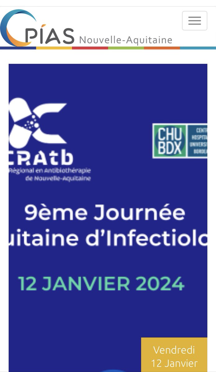 #SaveTheDate 9è Journée Aquitaine d’Infectiologie le 12/01/24 #CRAtbNoA 👇🏼 lien pour vous inscrire et voir le programme avec 2 invités extérieurs prestigieux, Prs @Genevieve_Hery & @FerryLyon 🤩 Venez nombreux ce sera très sympa et il y aura le quiz 🏆🥇 cpias-nouvelle-aquitaine.fr/evenements/9em…