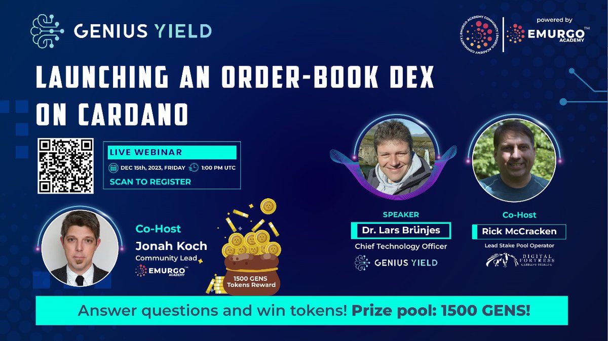 Join Dr. Lars BRÜNJES @GeniusyieldO as he launches an order-book DEX on Cardano! ️ Dec 15th, 1 PM UTC ️ Order-book vs. AMM, #Decentralization, Smart Order Routers & more! Claim 1500 $GENS tokens by proving your focus! #Cardano #DEX #GensoYield shorturl.at/bjmKP
