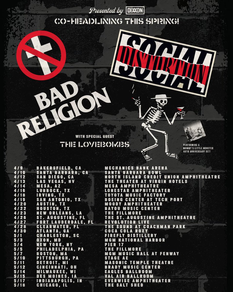 We played our first-ever live show with Social Distortion, and now we’re finally going to tour the States together! 🔥💀🍸 Pre-sale tickets go on sale TODAY 12/12, at 12:00 noon local time, with the code SUFFER.  Badreligion.com