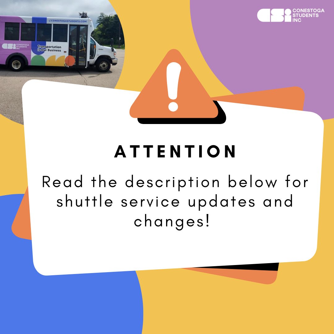 🚌 CSI’s Grocery run  on Tuesday, December 12th, has been cancelled. 
🚌 On December 14th, the Doon, Residence, Reuter route will not be in service from 5:50 PM - 8:30 PM. 
🚌 On December 15th, the last drop of the day for the Doon, Residence, Reuter route will be 5:50 PM