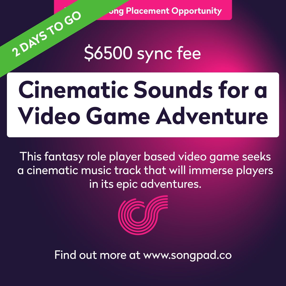 This fantasy role player based video game seeks a cinematic music track that will immerse players in its epic adventures. Find out more at songpad.co #sync #sycnopps