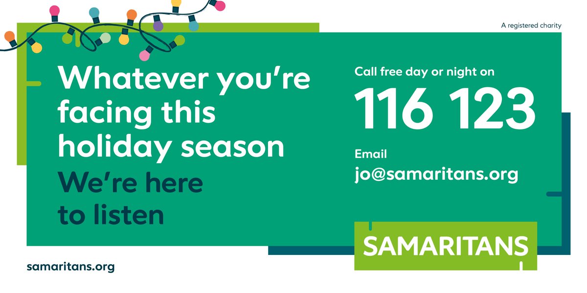 We're thinking of everyone finding this festive season difficult 💚 Remember that we're always here to listen, if you'd like to talk things through 📱 116 123