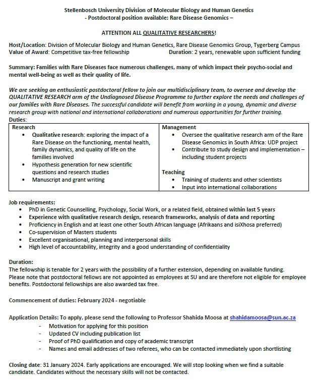 RareDiseaseGenomicsRSA (@raregenomicsrsa) on Twitter photo ๐ข๐ข PostDoctoral positions available - 2024
Yes, not 1 but 2 #postdoc positions available in our group.
Calling all #bioinformatics experts
Calling all #qualitative research experts
See adverts and apply NOW!
<a href="/SUhealthsci/">SU, Faculty of Medicine and Health Sciences</a> <a href="/MatiesResearch/">Research at Stellenbosch University</a> <a href="/SuMBHG/">Division of Molecular Biology and Human Genetics</a> <a href="/PostdocSU/">Stellenbosch University Postdocs</a> @su ๐ข๐ข PostDoctoral positions available - 2024
Yes, not 1 but 2 #postdoc positions available in our group.
Calling all #bioinformatics experts
Calling all #qualitative research experts
See adverts and apply NOW!
<a href="/SUhealthsci/">SU, Faculty of Medicine and Health Sciences</a> <a href="/MatiesResearch/">Research at Stellenbosch University</a> <a href="/SuMBHG/">Division of Molecular Biology and Human Genetics</a> <a href="/PostdocSU/">Stellenbosch University Postdocs</a> @su
