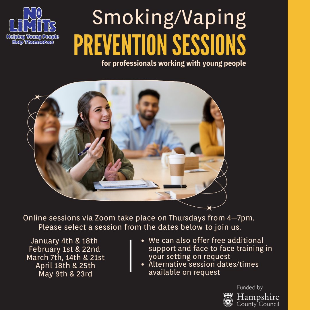 📢Professionals who work with young people in Hampshire! No Limits are running a series of free, 3-hour smoking and vaping prevention workshops from January. The workshops, will provide essential information, advice & guidance. To book, email lisa.brodie@nolimitshelp.org.uk