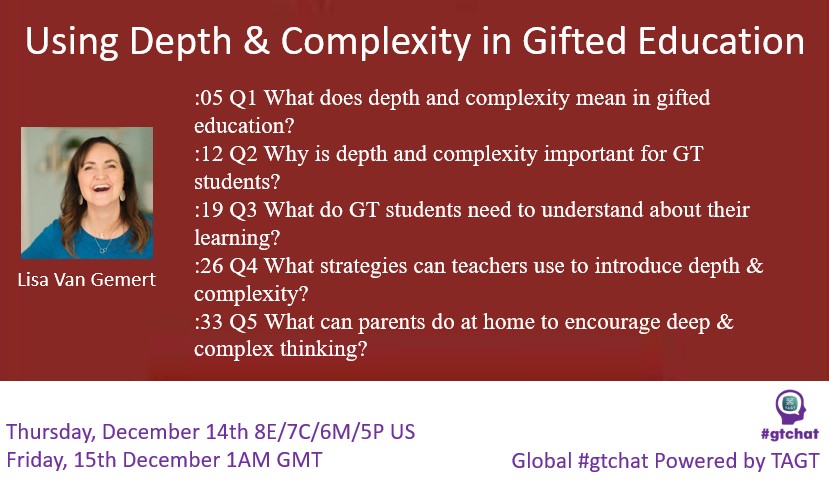 gtchatmod (@gtchatmod) on Twitter photo Join us in 2 hours for Global #gtchat (#giftED #talented) Powered by #TAGT <a href="/TXGifted/">TAGT</a> today (12/14 US). Our topic: “Using Depth & Complexity in Gifted Education”. <a href="/LesLinks/">Leslie Graves 🏳️⚧️🏳️⚧️🏳️🌈☮</a> @ToddKettler <a href="/JonathanPlucker/">Jonathan Plucker</a> <a href="/ColinESeale/">Colin Seale, J.D.</a> <a href="/gifted_guru/">Lisa Van Gemert</a> <a href="/msheathervaughn/">Heather Vaughn, EdS</a> Join us in 2 hours for Global #gtchat (#giftED #talented) Powered by #TAGT <a href="/TXGifted/">TAGT</a> today (12/14 US). Our topic: “Using Depth & Complexity in Gifted Education”. <a href="/LesLinks/">Leslie Graves 🏳️⚧️🏳️⚧️🏳️🌈☮</a> @ToddKettler <a href="/JonathanPlucker/">Jonathan Plucker</a> <a href="/ColinESeale/">Colin Seale, J.D.</a> <a href="/gifted_guru/">Lisa Van Gemert</a> <a href="/msheathervaughn/">Heather Vaughn, EdS</a>