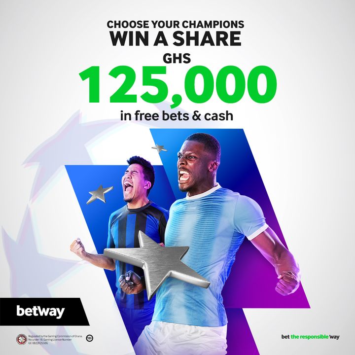 ⚽🤩GHS 125,000 in free bet and cash dey to win Place any bet on the UCL group stage and stand a chance to win 💰 GHS 1,000 Free Bets every game week, plus up to GHS 5,000 in cash prizes at the end of the group stage. Chale look sharp!! Opt in here 👉 bit.ly/408QaQ4