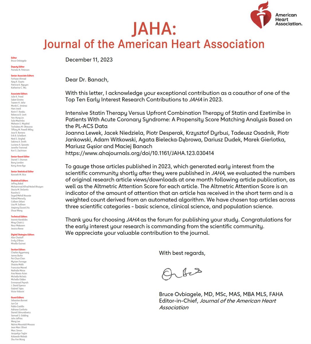 So nice to see that our paper on the #upfront #lipid lowering #combinationtherapy based on the data from the Polish #ACS #Registry is within ‼️the Top Ten Early Interest Research Contributions to @JAHA_AHA in 2023‼️ Thanks! 

Congratulations again to all co-authors!