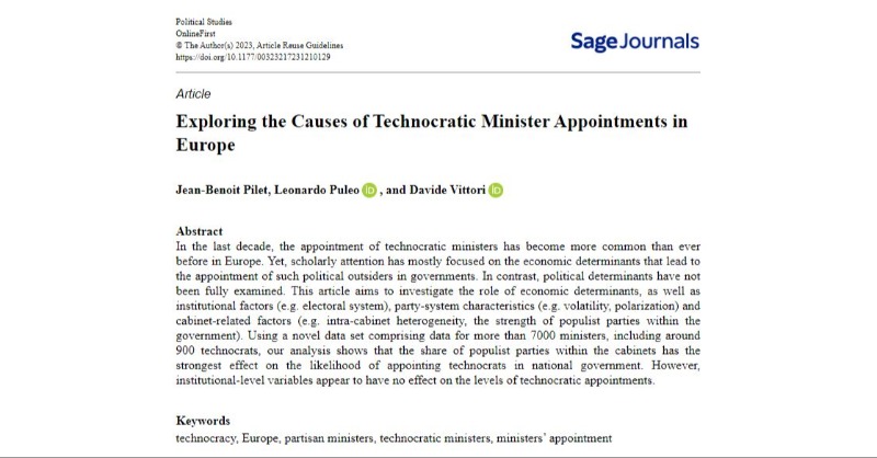 Exploring the Causes of Technocratic Minister Appointments - @jbpilet, @LeonardoPuleo & @DaveVitto examine this subject by analysing a novel dataset with over 7k ministers across European countries. Read in @PolStudies: journals.sagepub.com/doi/10.1177/00… @SAGECQPolitics @PolStudiesAssoc