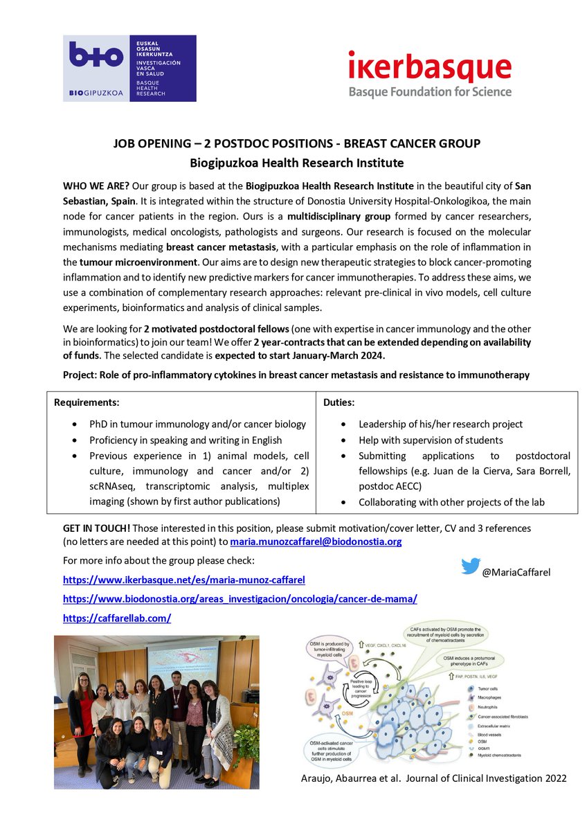 Our lab is hiring! We are looking for 2 motivated postdoctoral fellows (#1 in tumour immunology, #2 in bioinformatics and scRNAseq analysis) to start Jan-March 2024 in the beautiful city of San Sebastian (Spain).
<a href="/ASEICAnews/">ASEICA</a> and <a href="/EACRnews/">EACR</a> members please check this 👇🏾#CienciaJobs