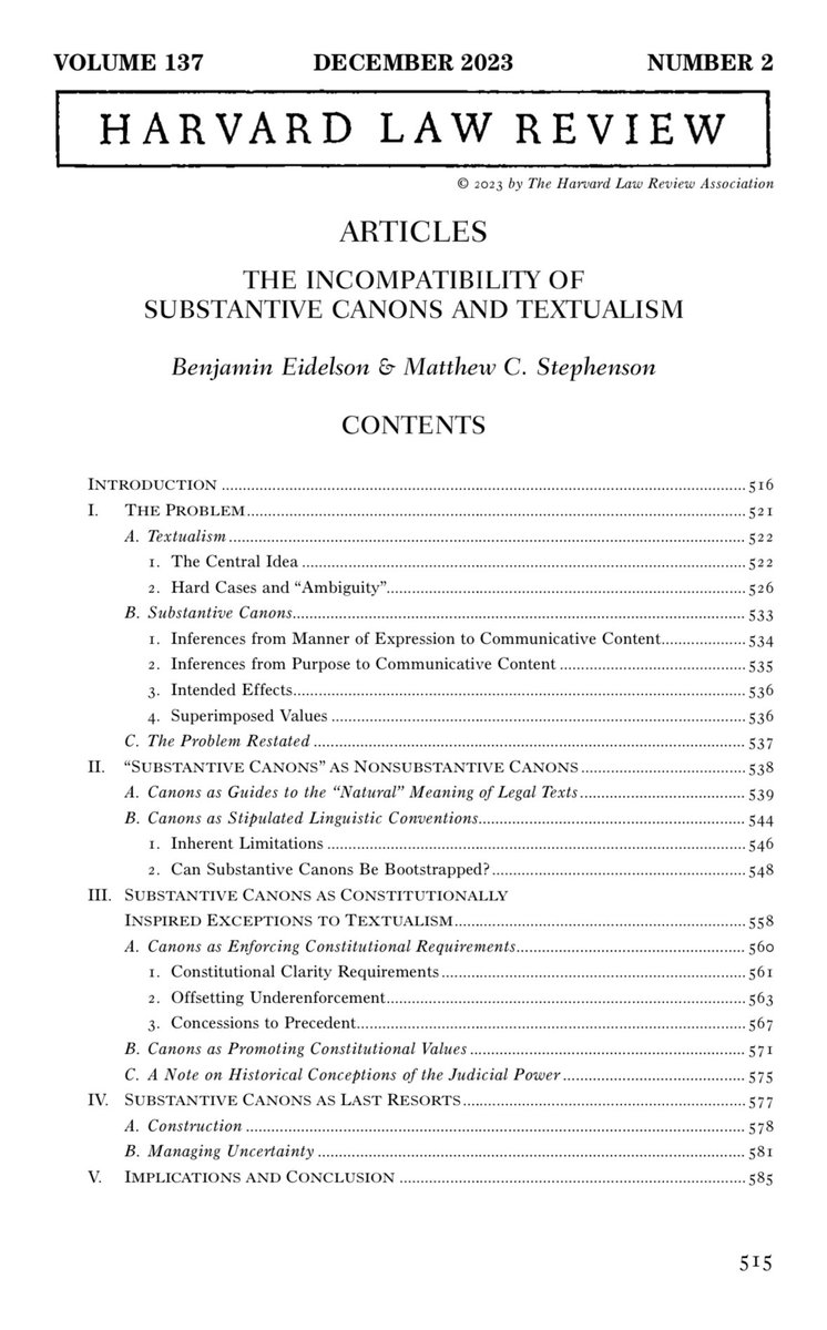 Now out in final form at @HarvLRev. The biggest addition is an extended critique of Justice Barrett’s defense of the major questions doctrine as “common sense” (pp. 540-44). Thanks again to all who gave us feedback & to hard-working student editors! harvardlawreview.org/print/vol-137/…