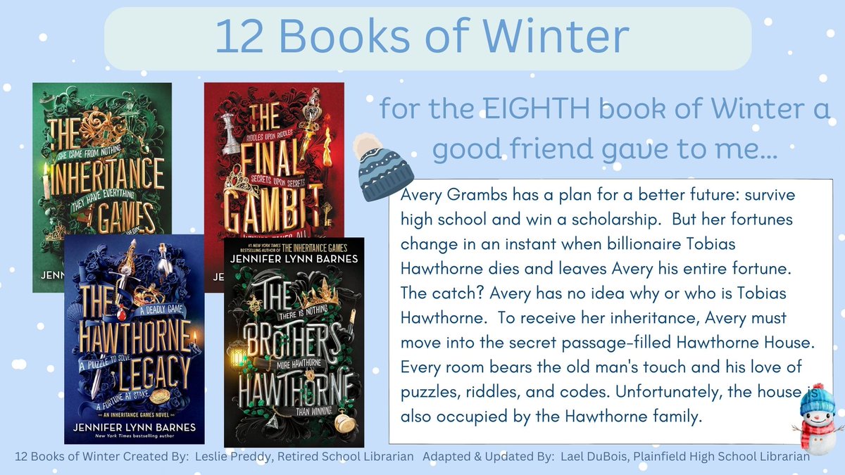 PCSCLibrary's tweet photo. Twelve Books of Winter      
Day 8 - The Inheritance Games (series) 
Bring joy to reading!
@QuakerPrincipal
@phsquakers
#phsreads #twelvebooksofwinter https://t.co/Rdv4oIXEFH