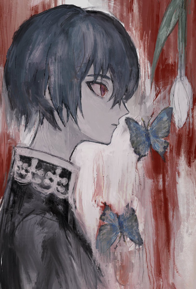 saihara shuichi 1boy male focus bug butterfly solo red eyes black hair  illustration images
