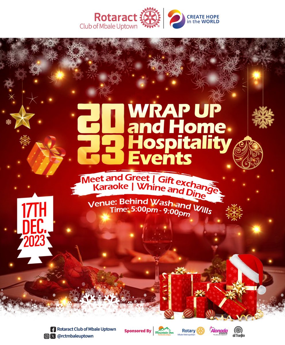 And this Sunday at @rctmbaleuptown , we wrap up 2023 with a Santa Home Hospitality. Its been such a great year! Come let's Whine on Dine. 🥂 to the #UptownLife @RotaractD9213 @RotaryMedia256