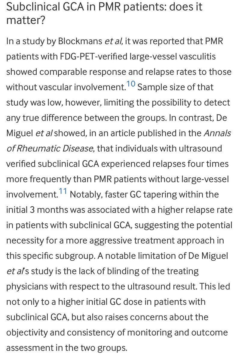 Great commentary from <a href="/milena_bond/">Milena Bond</a> <a href="/ChristianDejaco/">Christian Dejaco</a> in @ARD_BMJ on subclinical GCA &amp; PMR 👏

Amongst our excitement, lots of important questions asked that need answering. Without letting unblinded imaging bias outcomes, what does subclinical GCA actually mean for PMR prognosis?