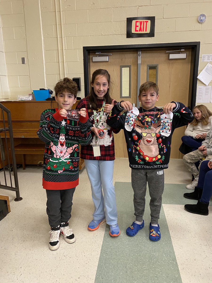 Top 3 in the 4th &amp; 5th grade “Ugly Sweater” Competition held @ the 4th &amp; 5th Grade Sing-a-Long! Congratulations! #RNEGreatThings #fcsmusic