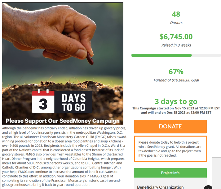 gardenguild's tweet image. 3 Days Remaining - We are up for a Seed Money Challenge Grant. Help us win the grant and support our fresh produce donation program for food pantries &amp;amp; kitchens across the DMV! donate.seedmoney.org/9233/francisca…