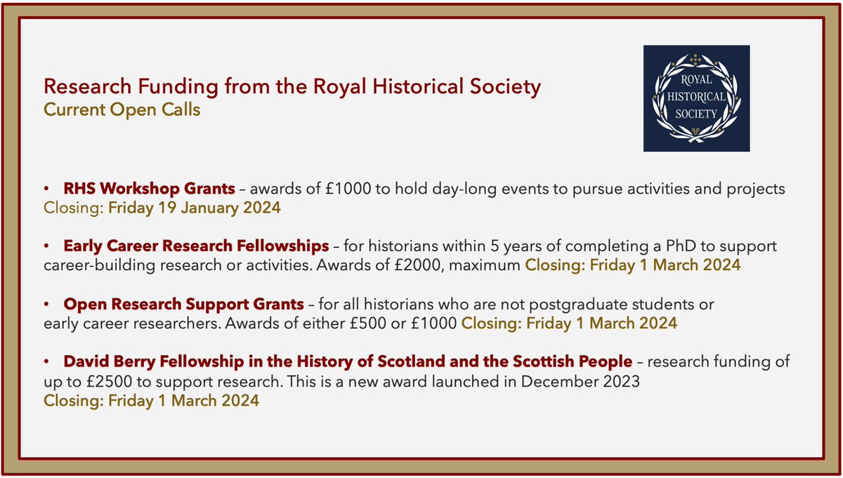 .@RoyalHistSoc Research Funding. Applications now invited for the following 4 programmes: bit.ly/3TmkPrI • RHS Workshop Grants • Early Career Research Fellowships • Open Research Support Grants • David Berry Fellowship in the History of Scotland #twitterstorians