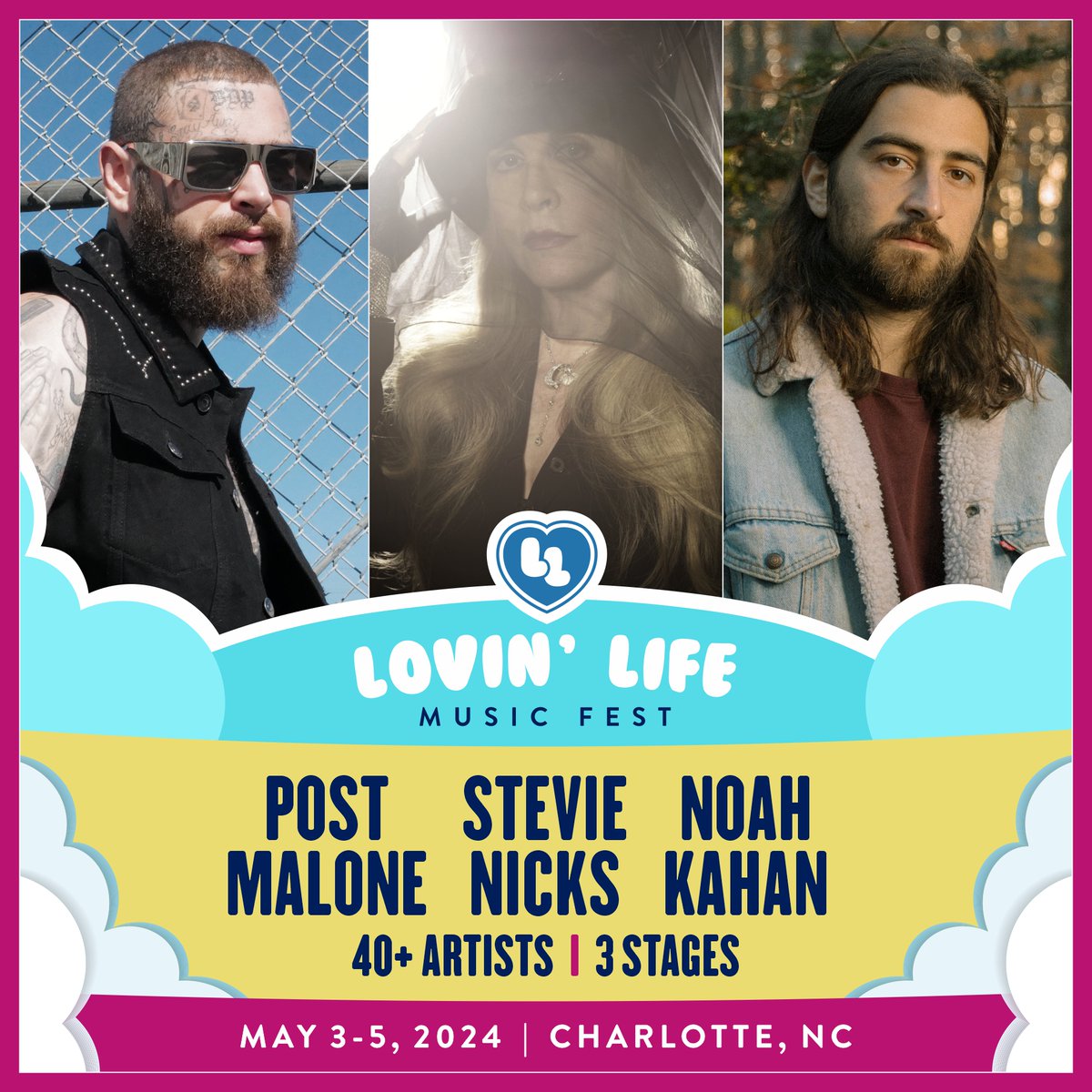 Your headliners for Lovin’ Life Music Fest are here! Please welcome @postmalone, @stevienicks & @noahkahan to Charlotte, NC! Early Bird Tickets on sale Thursday, Dec 14 at 8 am EST. More artists to be announced in the coming weeks. Who do you want to see?lovinlifemusicfest.com