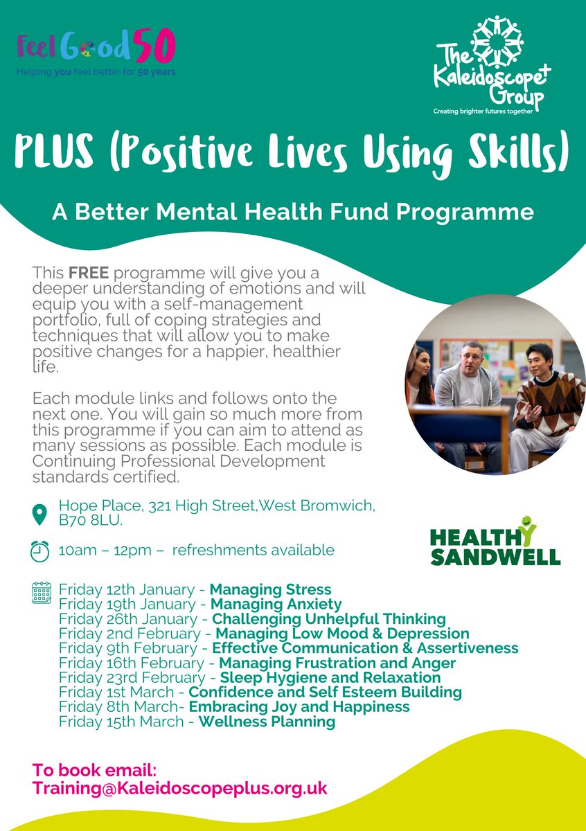 🚨Our much loved PLUS programme returns in the new year!🚨 This free course will give you the skills to help you live a happier and healthier life💜 Email tce@kaleidoscopeplus.org.uk to book your place on the course now while spaces last! More info below ⬇️ #TeamKPG