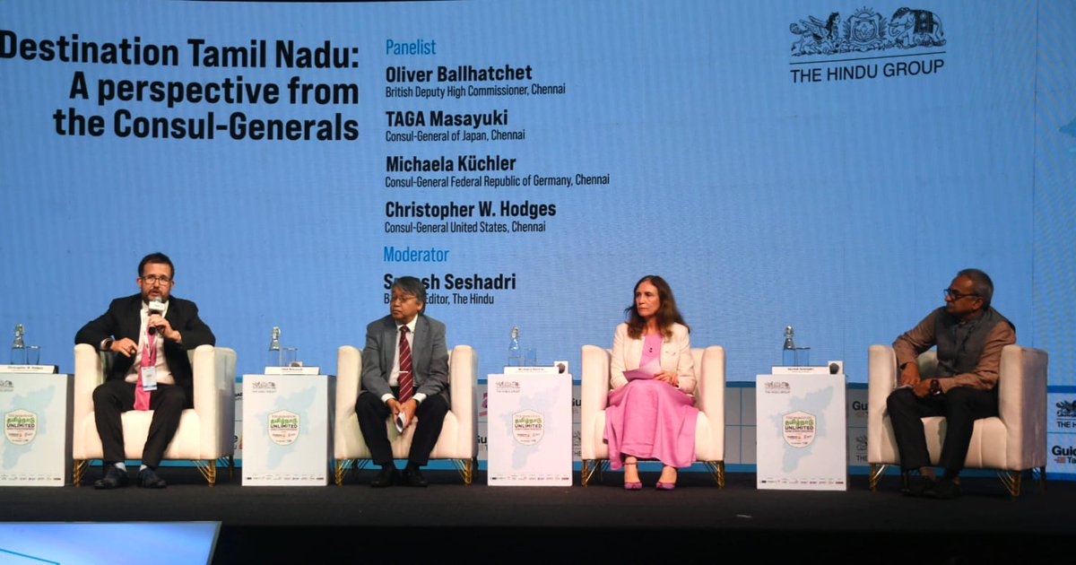 THChennai's tweet image. Christopher W. Hodges, Consul General, US; TAGA Masayuki, Consul General, Japan and Michaela Kuchler, Consul General, Germany, in #Chennai, discuss Destination #TN for business, moderated by Suresh Seshadri, Business Editor @the_hindu #TNUnlimited2023 📷B. Jothi Ramalingam