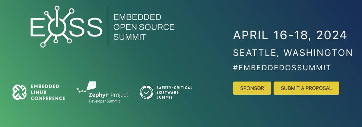 Join us at #ZephyrDevSummit in Seattle on April 16-18! Become a sponsor or submit a speaking proposal for all things #ZephyrRTOS: hubs.la/Q02cJpg20 @ZephyrIoT @linuxfoundation #EmbeddedOSSummit #opensource #RTOS #embeddedsystems